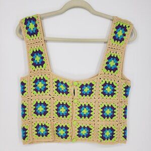 Zara Crochet Knit Cropped Tank Top M Womens Sleeveless Square Neck Green Cream